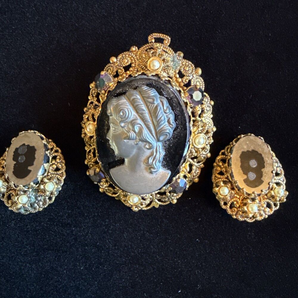 Vintage West Germany Cameo Brooch Clip Earring Set Gold Filigree Faux Pearl 1950